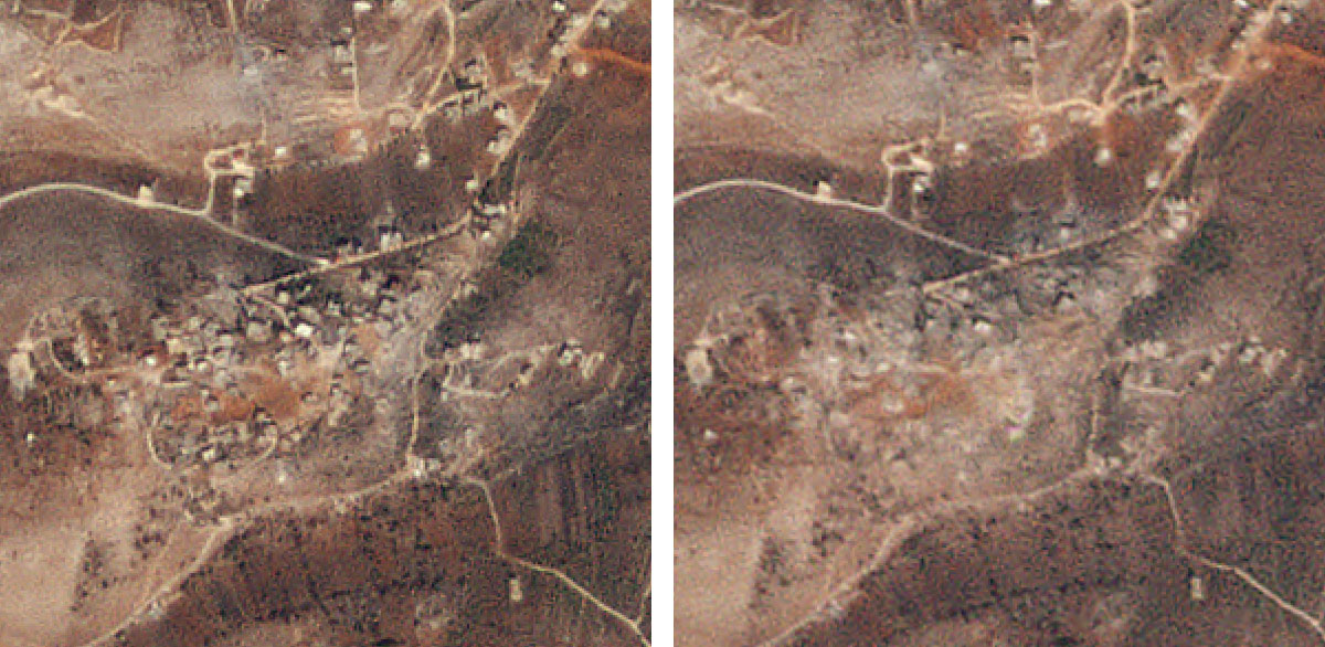 Satellite images of Yaron village analyzed by Planet Labs and published by The New York Times