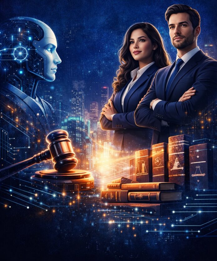 A new era of justice: legal professionals and artificial intelligence shaping the future of law, governance, and human rights together, image generated by ChatGPT.