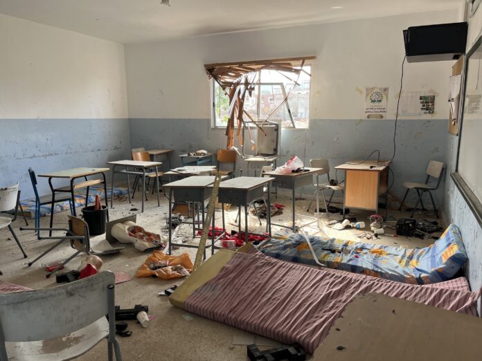 Damage to a classroom in Naqqoura Intermediate Public School, Lebanon, January 31, 2025. © 2025 Human Rights Watch