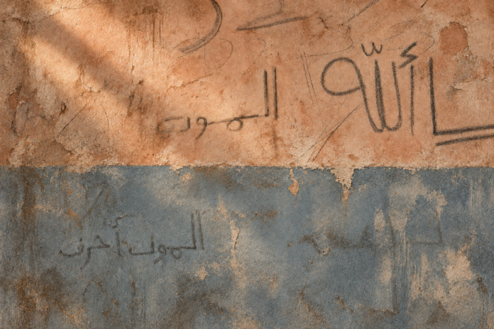 رسمٌ على جدار إحدى غرف العزل في مركز تأهيل الأحداث المخالفين للقانون في الوروار، كُتب عليه: «يا الله، الموت أشرف».